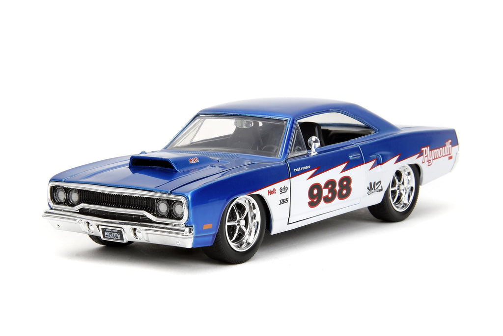 Big Time Muscle 1:24 1970 Plymouth Roadrunner Die-Cast Car, Toys for Kids and Adults(Candy Blue/White)