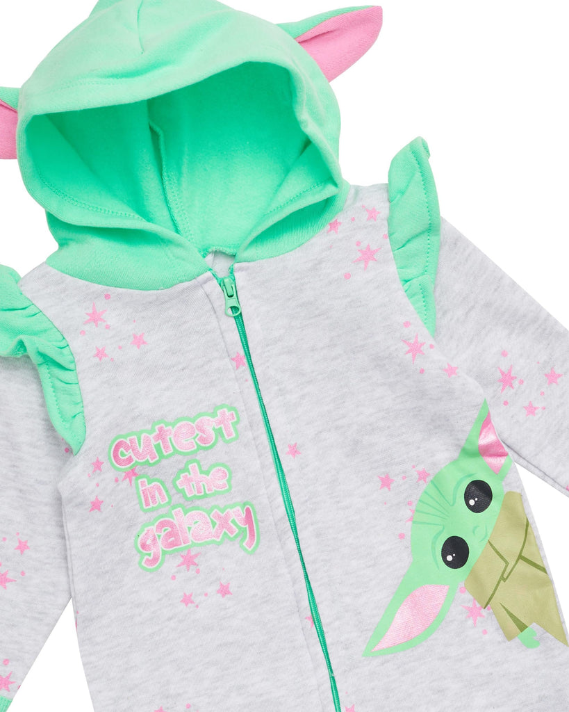 STAR WARS The Mandalorian Baby Girls Hooded Bodysuit - Baby Yoda Sweatshirt Fleece Zip Up One Piece (Pink/Yellow, 18M)