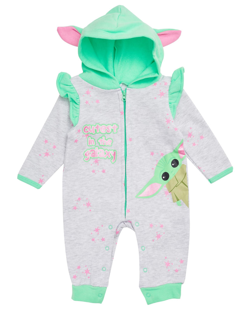 STAR WARS The Mandalorian Baby Girls Hooded Bodysuit - Baby Yoda Sweatshirt Fleece Zip Up One Piece (Pink/Yellow, 18M)