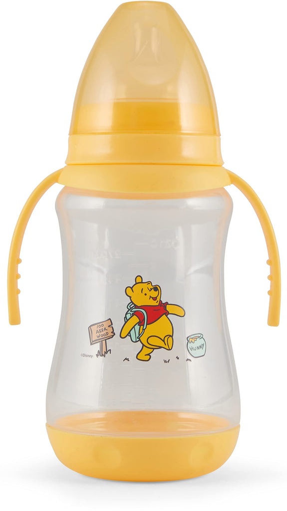 Disney 2 Pack 10 Ounce Baby Bottles with Character Prints and Colored Covers with Double Handle - BPA Free and Easy to Clean