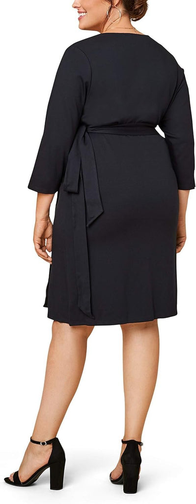 Fruit of the Loom Women's Plus Size Ponte ¾ Sleeve V-Neck Wrap Dress