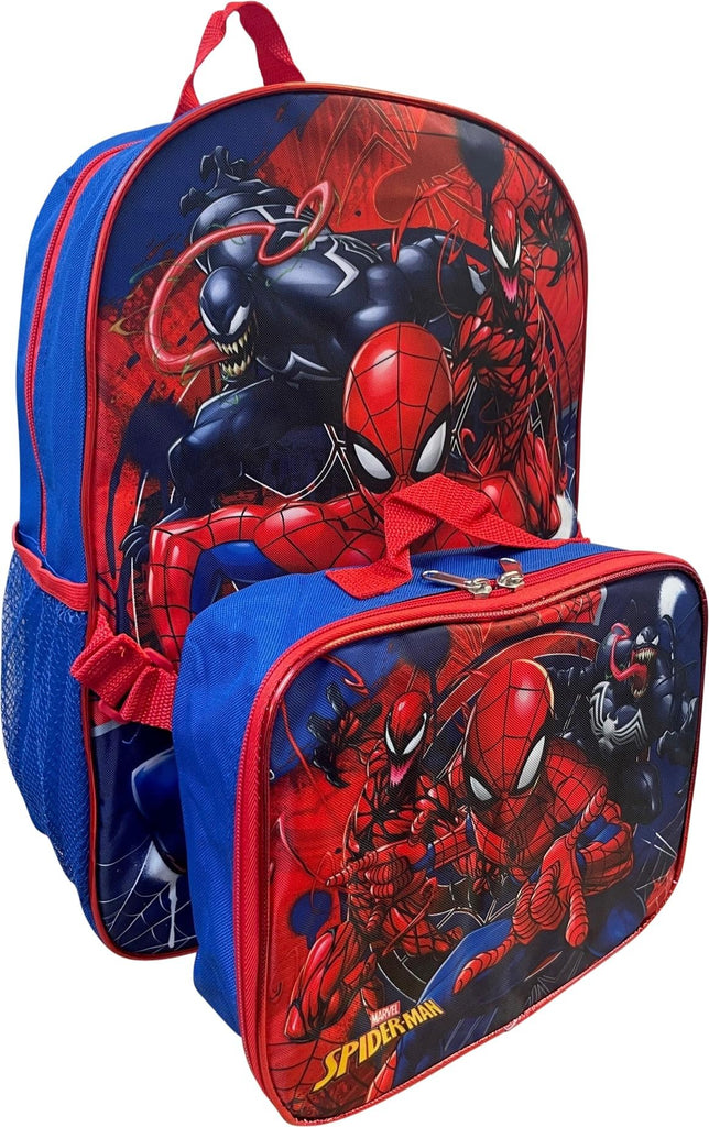 Ruz Spiderman Boy's 16 Inch Backpack With Removable Matching Lunch Box Set (Black-Red)