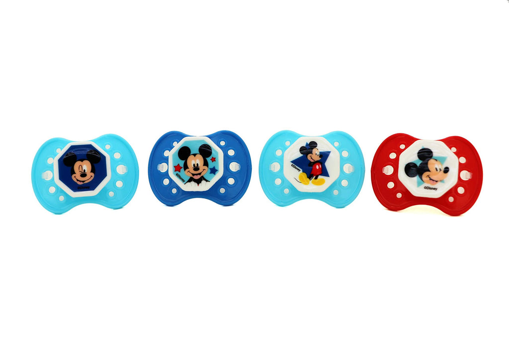 Disney Mickey Mouse (Star Boy) Pacifiers, 4 Pack, 0-6 Months Baby Girls and Boys, Various Colors, BPA Free Silicone Dishwasher Safe Binkies