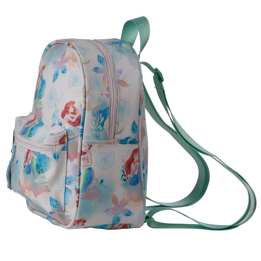 Disney Princess Mini Backpack with Allover Little Mermaid Print & Molded Shell Dangle, 10.5 Inches, Adjustable Straps, Faux Leather