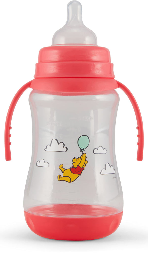 Disney 2 Pack 10 Ounce Baby Bottles with Character Prints and Colored Covers with Double Handle - BPA Free and Easy to Clean