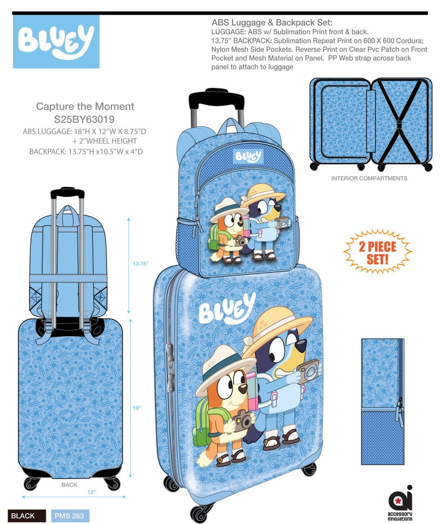 Bluey Kids Luggage and Backpack Set - 18" Luggage Suitcase With Wheels, 13.75" Backpack