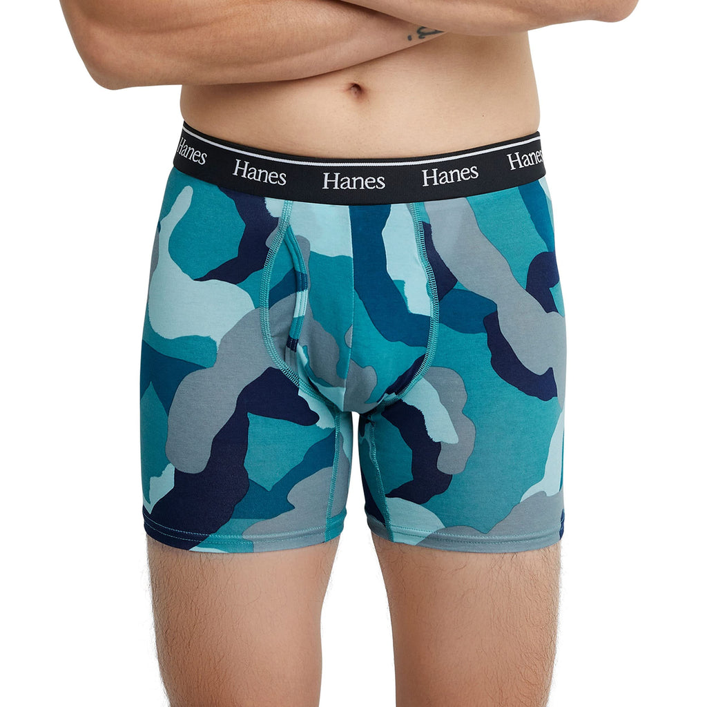 Hanes Originals Men’s Boxer Briefs, Stretch Cotton Moisture-Wicking Underwear, Modern Fit Low Rise, 3-Pack, Regular Leg-Blue Camo/Khaki-3 Pack