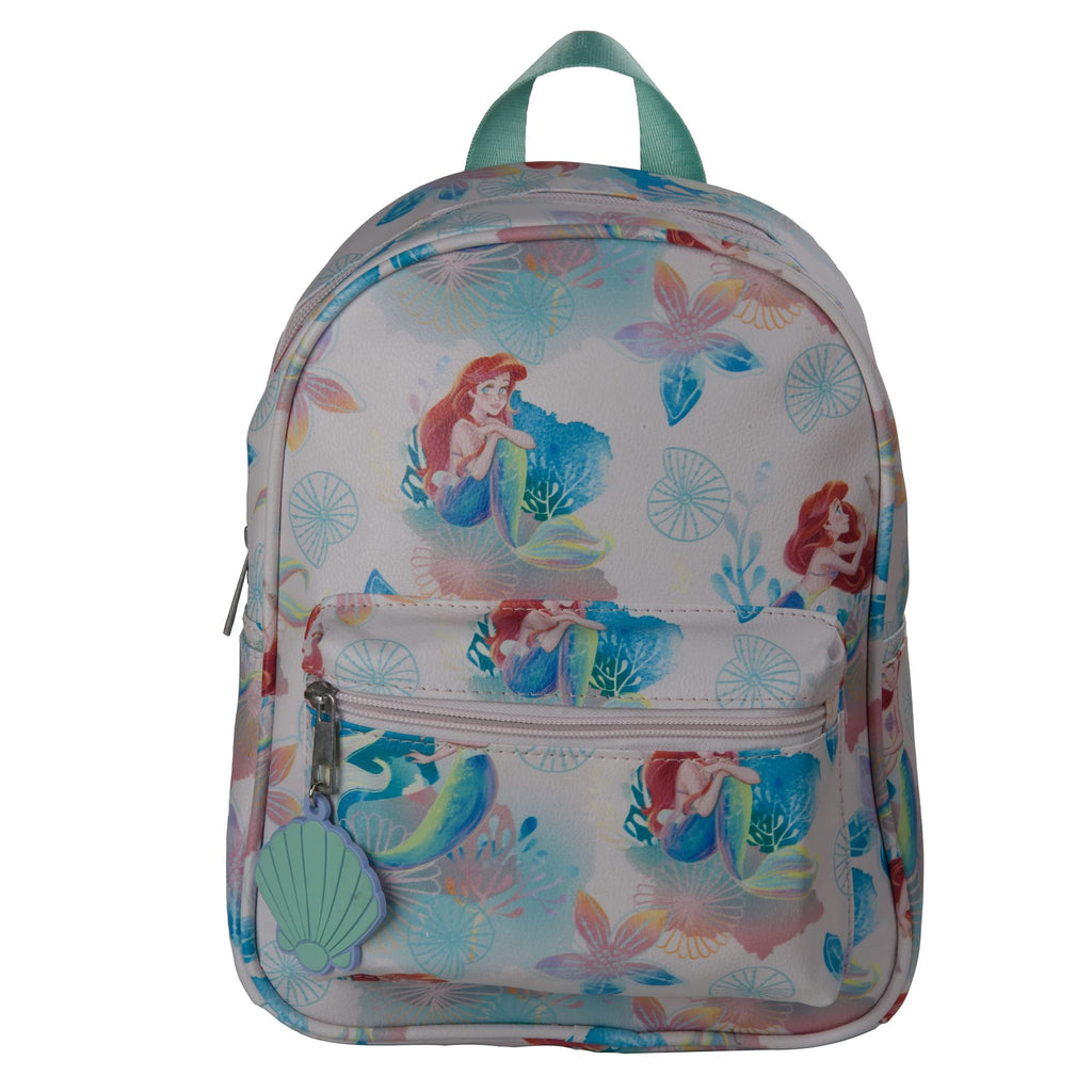 Disney Princess Mini Backpack with Allover Little Mermaid Print & Molded Shell Dangle, 10.5 Inches, Adjustable Straps, Faux Leather