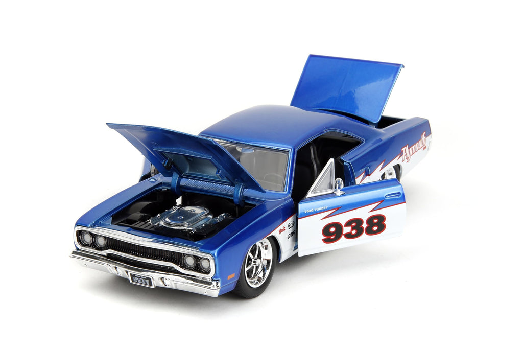 Big Time Muscle 1:24 1970 Plymouth Roadrunner Die-Cast Car, Toys for Kids and Adults(Candy Blue/White)