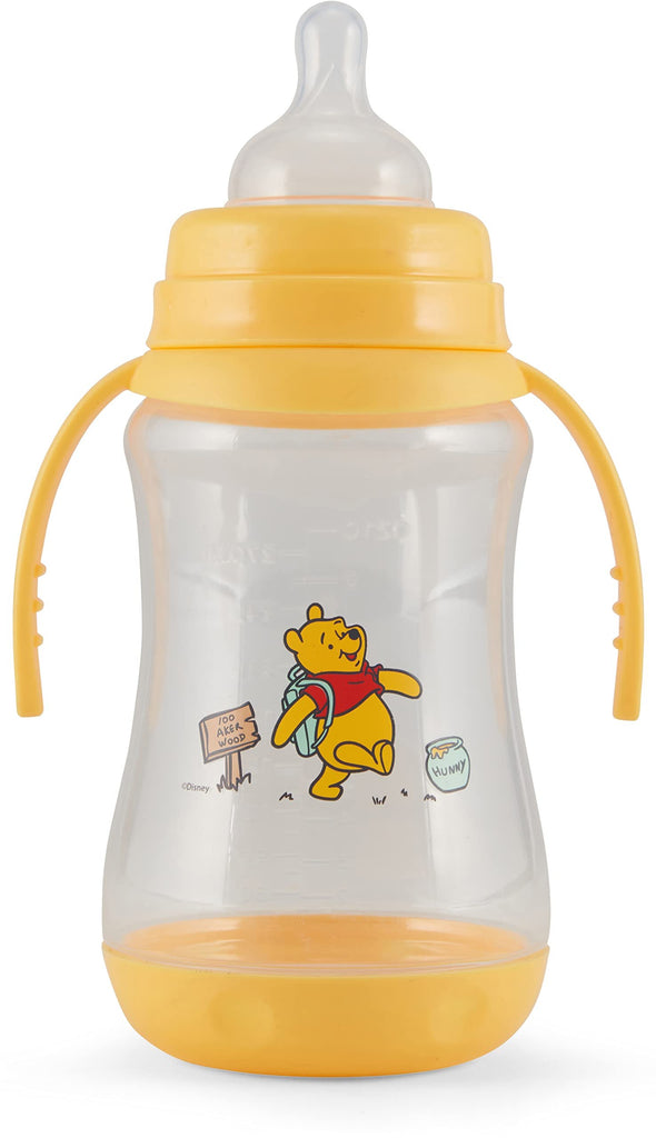 Disney 2 Pack 10 Ounce Baby Bottles with Character Prints and Colored Covers with Double Handle - BPA Free and Easy to Clean