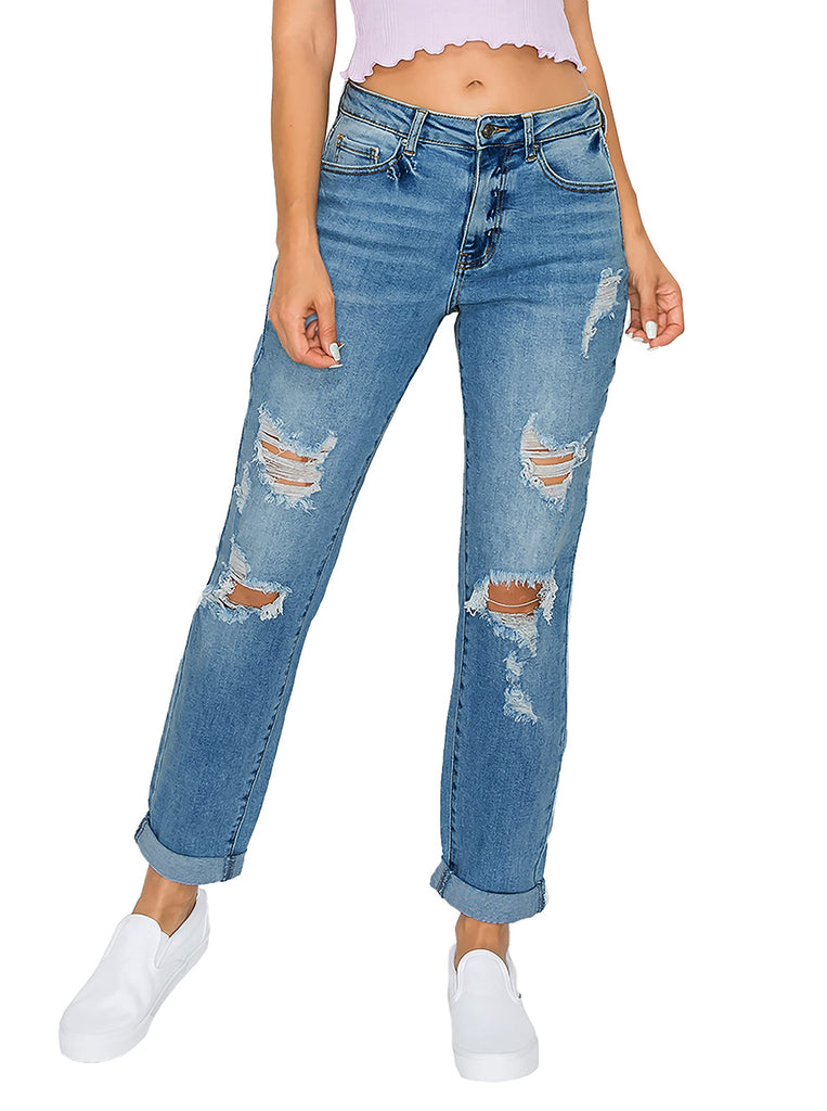 WAX JEAN Women's Boyfriend Jeans with Destructed Blown Knee and Rolled Cuff, Medium, 0