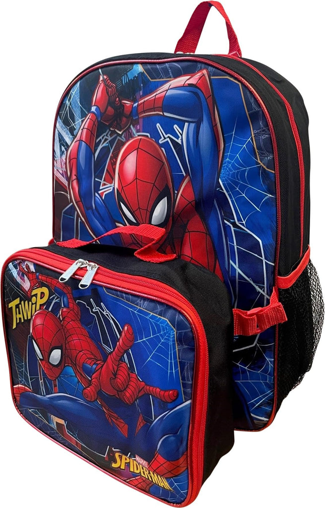 Ruz Spiderman Boy's 16 Inch Backpack With Removable Matching Lunch Box Set (Black-Red)