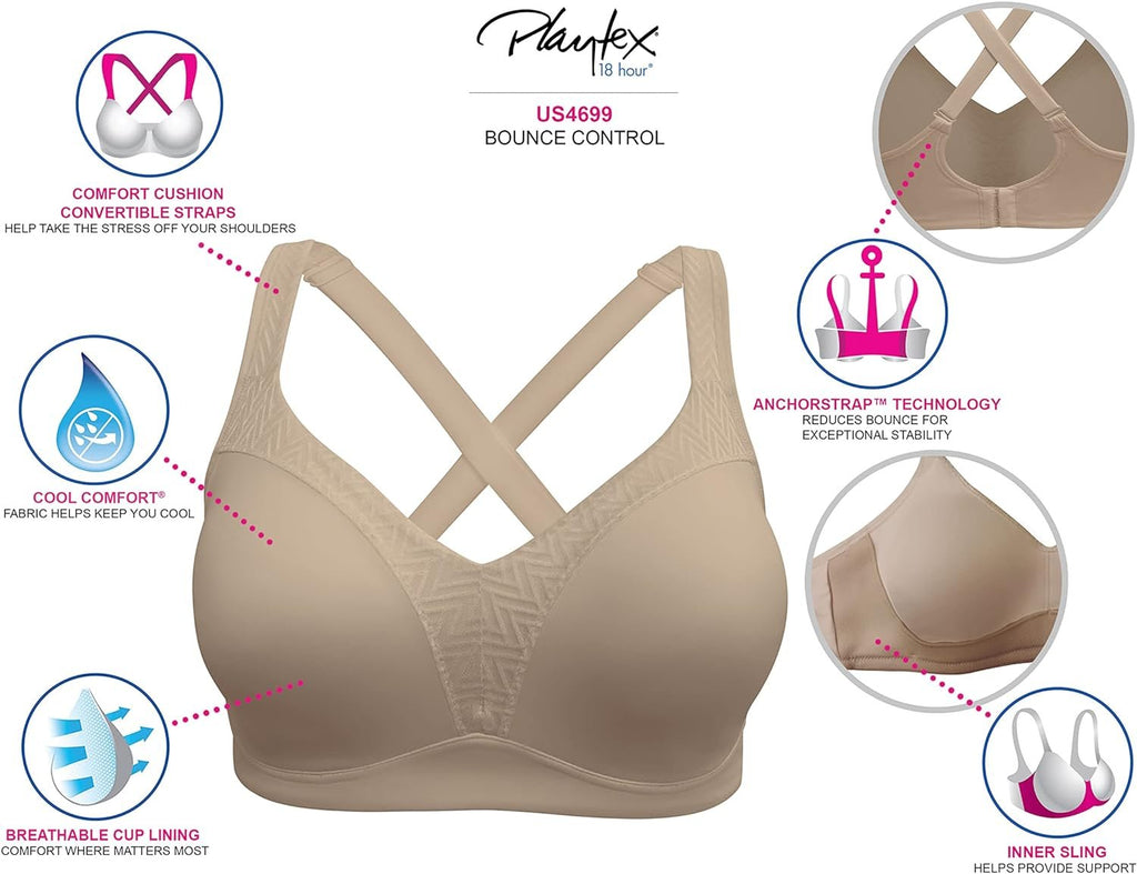 Playtex Women's Bounce Control, Coverage Convertible Wireless T-Shirt, Full-Support Wirefree Bra