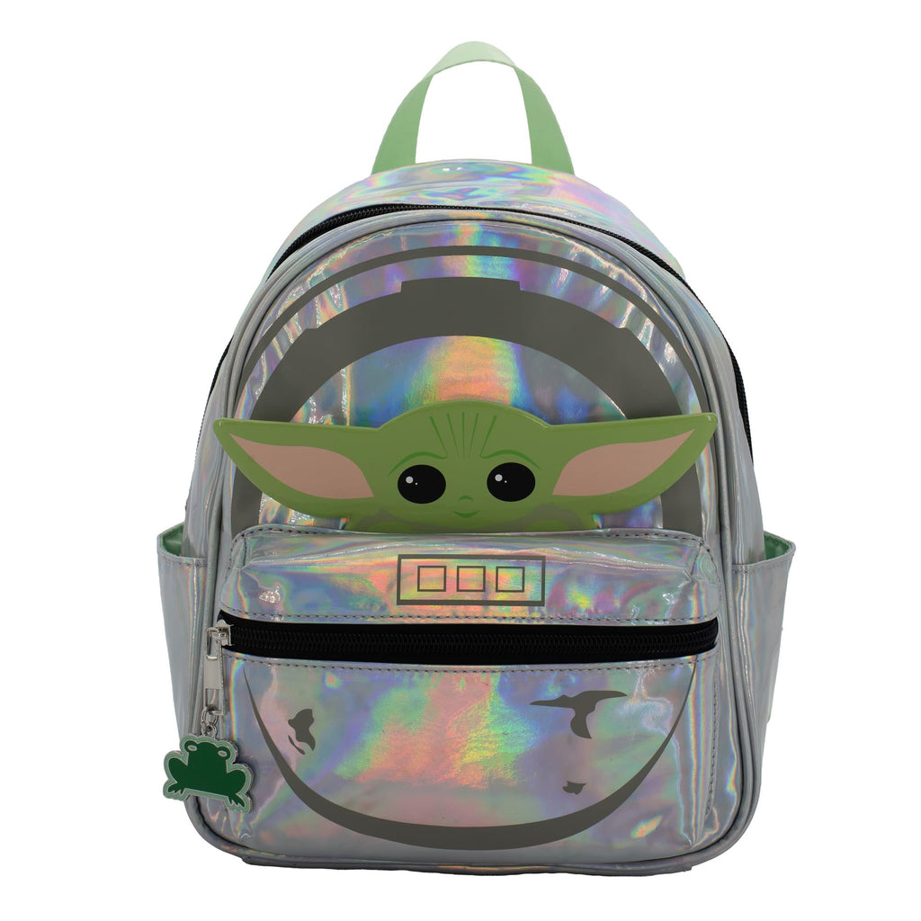 Disney StarWars Mandalorian Grogu Mini PU Backpack Purse, Baby Yoda Shoulder Bag with Epoxy Filled Metal Frog Charm, 10.5 Inch, Adjustable Straps, Faux Leather