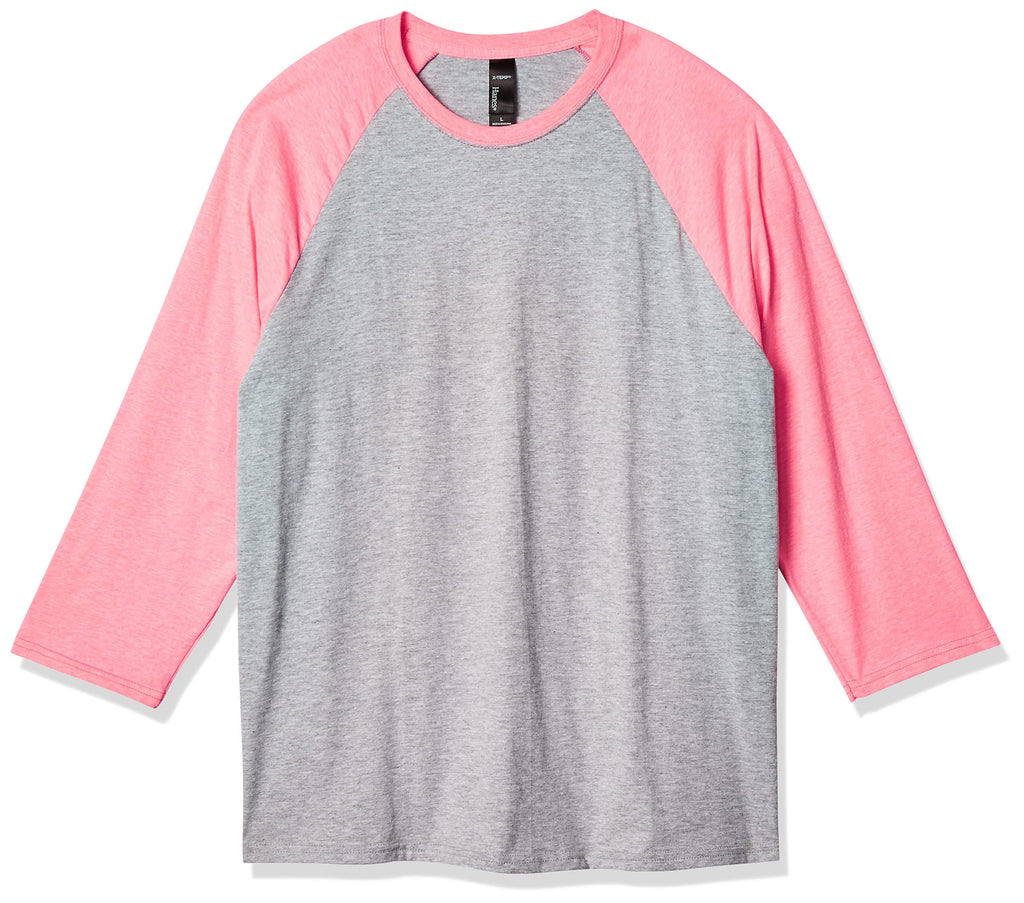 Hanes Men's X-Temp Raglan Baseball Tee, Light Steel/Neon Pink, Medium