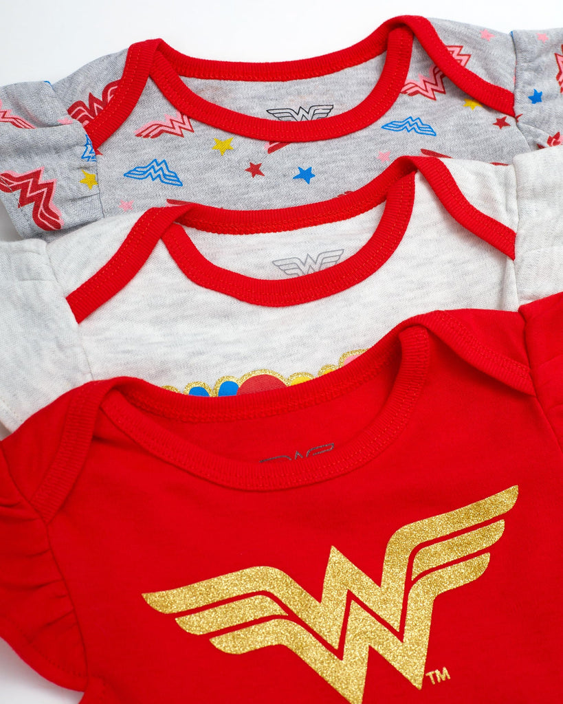 Wonder Woman Infant Baby Girls Bodysuit Baby Girl 3 Pack Gift Set (Red Multi, 6-9 Months)