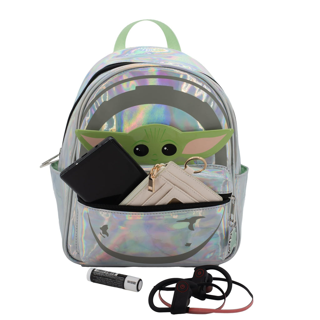 Disney StarWars Mandalorian Grogu Mini PU Backpack Purse, Baby Yoda Shoulder Bag with Epoxy Filled Metal Frog Charm, 10.5 Inch, Adjustable Straps, Faux Leather