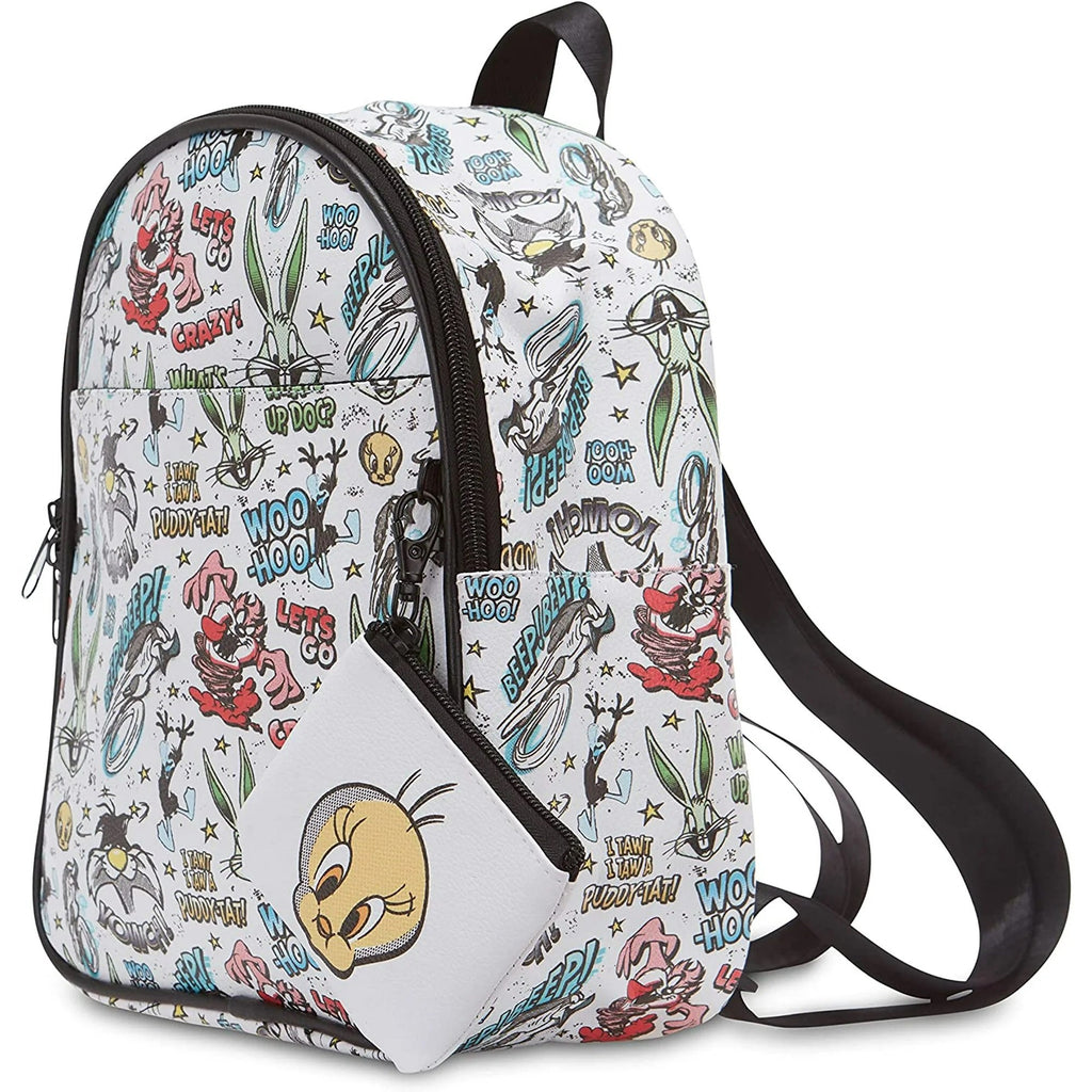 Looney Tunes All Over Print Faux Leather 10.5" Women’s White Mini Backpack Purse 2-Piece Set