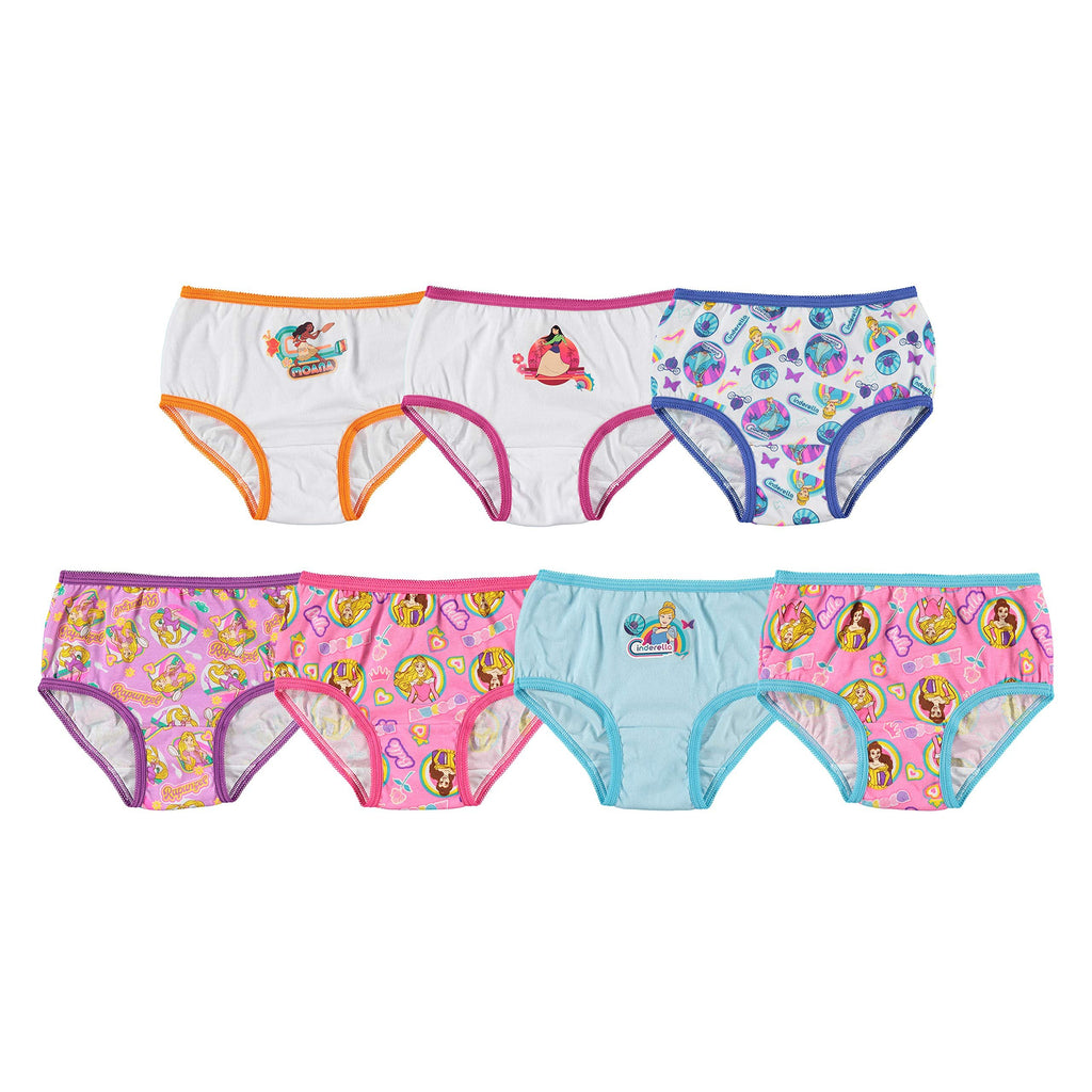 Disney Girls Princess Panty Multipacks With Favorites Cinderella, Belle, Ariel and more in Sizes 2/3T, 4T, 4, 6, 8, 7-Pack 100% Combed Cotton, 8