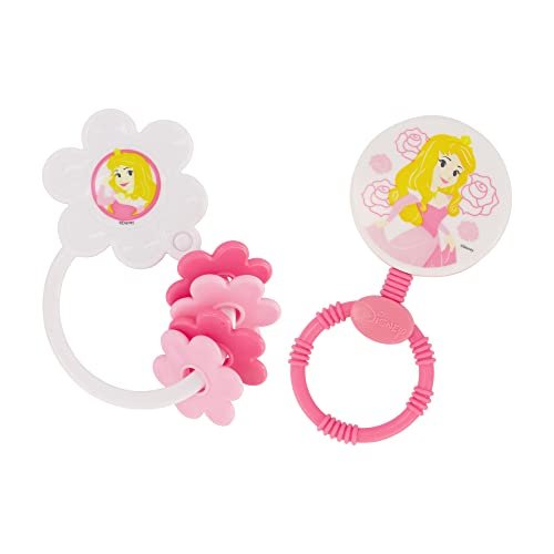 2 Pack Disney Princess Character Shape Rattle and Keyring Teether, Premium Toddler Birthday Toys, Infant Teething Toys, Great for Newborn Shower Gifts