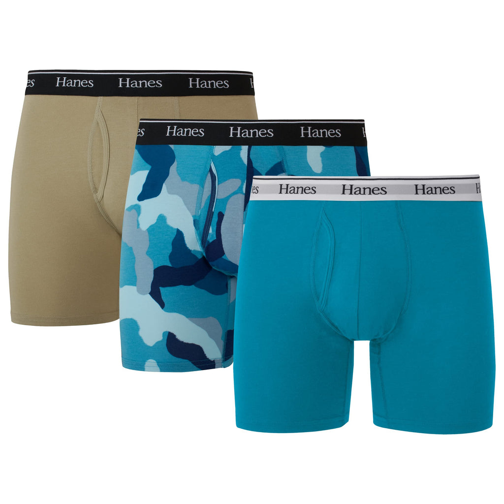 Hanes Originals Men’s Boxer Briefs, Stretch Cotton Moisture-Wicking Underwear, Modern Fit Low Rise, 3-Pack, Regular Leg-Blue Camo/Khaki-3 Pack