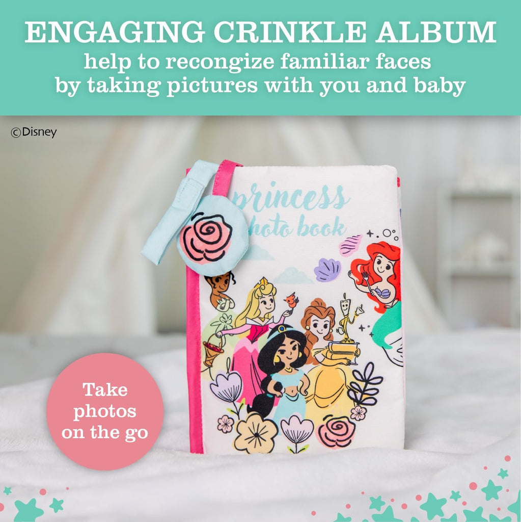 Disney Princess Photo Album with Soft Pages and Crinkle Sounds for Babies and Toddlers – Holds 4x6 Photos and On The Go Strap for Stroller, Car Seat or Crib for Baby