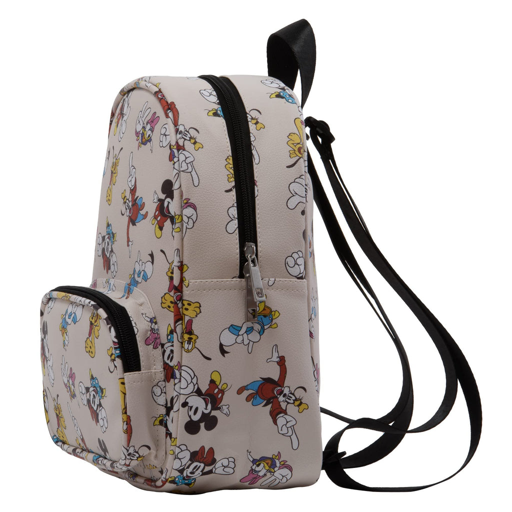 Disney Mickey, Minnie, & Friends Mini Backpack with Allover Print & Molded Iconic Mickey Pants Dangle, 10.5 Inches, Adjustable Straps, Faux Leather