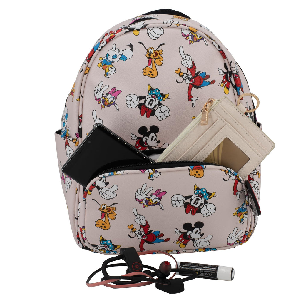 Disney Mickey, Minnie, & Friends Mini Backpack with Allover Print & Molded Iconic Mickey Pants Dangle, 10.5 Inches, Adjustable Straps, Faux Leather