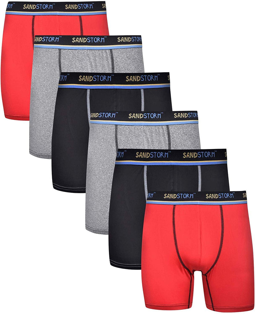 With Fly - Black/Red Heather/Magnet Gray Sand Storm Mens Performance Boxer Briefs - 6-Pack No-Fly Tagless Breathable Underwear S-5XL Regular or Plus Size