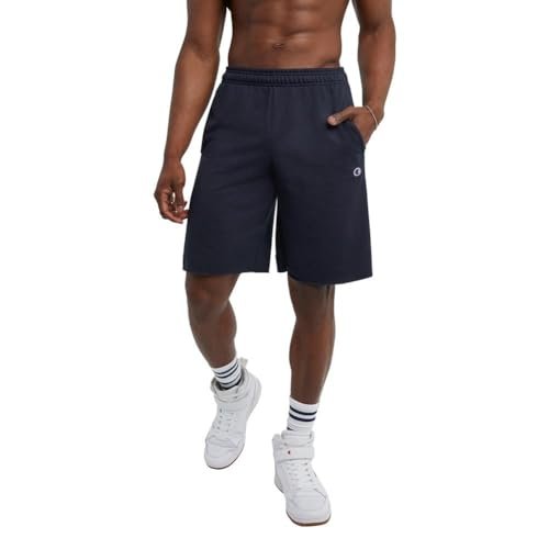 Champion Men's, Powerblend, Fleece Midweight, Athletic Shorts with Pockets (Reg. or Big, Navy C Patch Logo, Large Tall