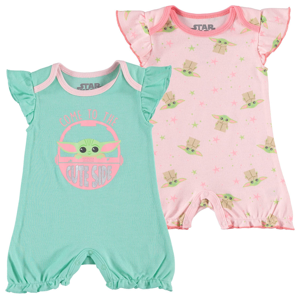 STAR WARS Baby Girls Ruffled Sleeve Shortie 2-Pack - Baby Yoda Baby Bodysuit 2-Pack - Baby Girls Clothing (Pink/Green, 3-6M)