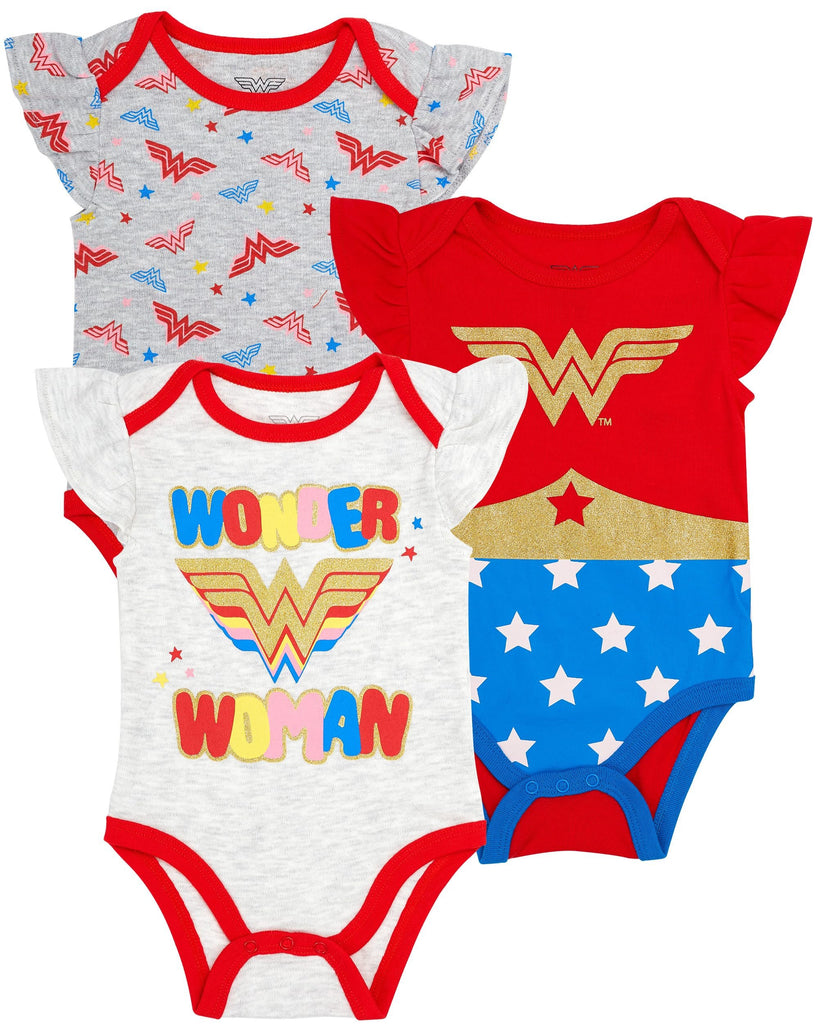 Wonder Woman Infant Baby Girls Bodysuit Baby Girl 3 Pack Gift Set (Red Multi, 6-9 Months)