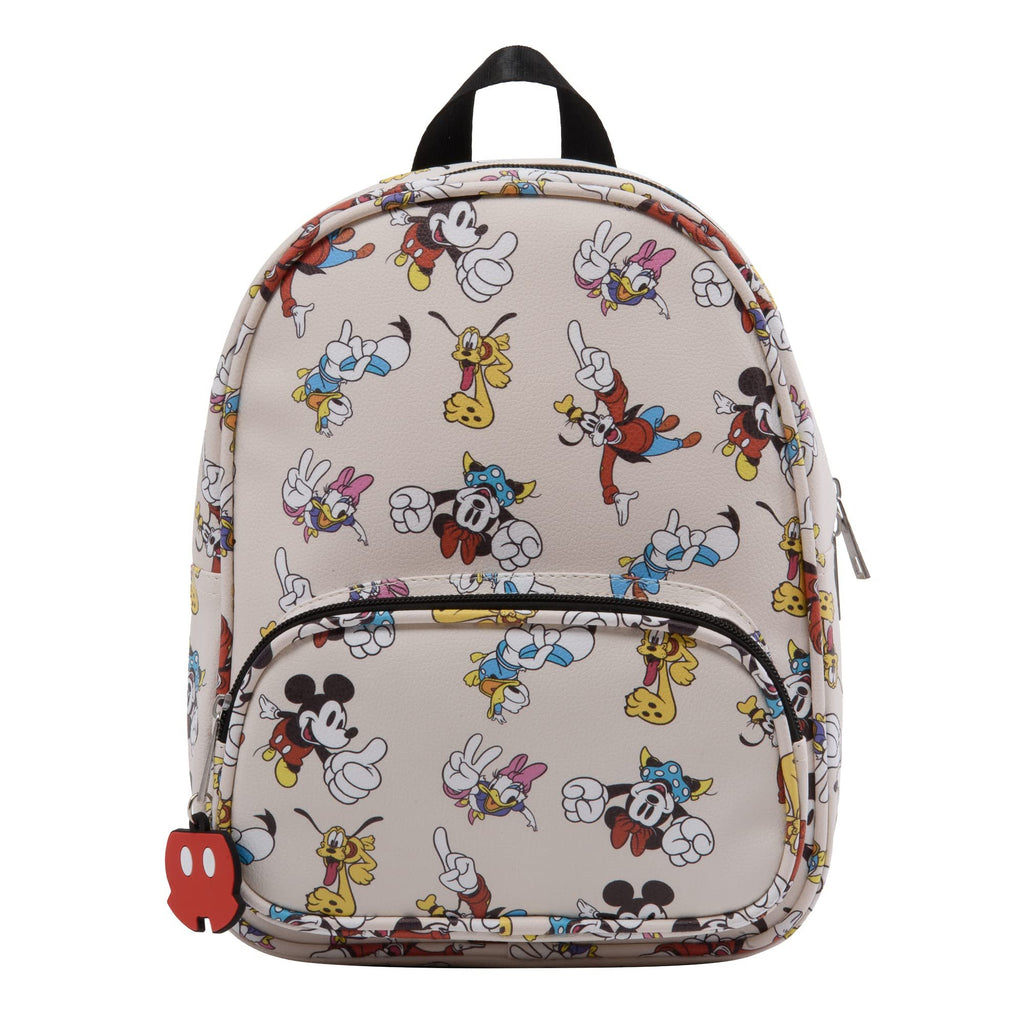 Disney Mickey, Minnie, & Friends Mini Backpack with Allover Print & Molded Iconic Mickey Pants Dangle, 10.5 Inches, Adjustable Straps, Faux Leather