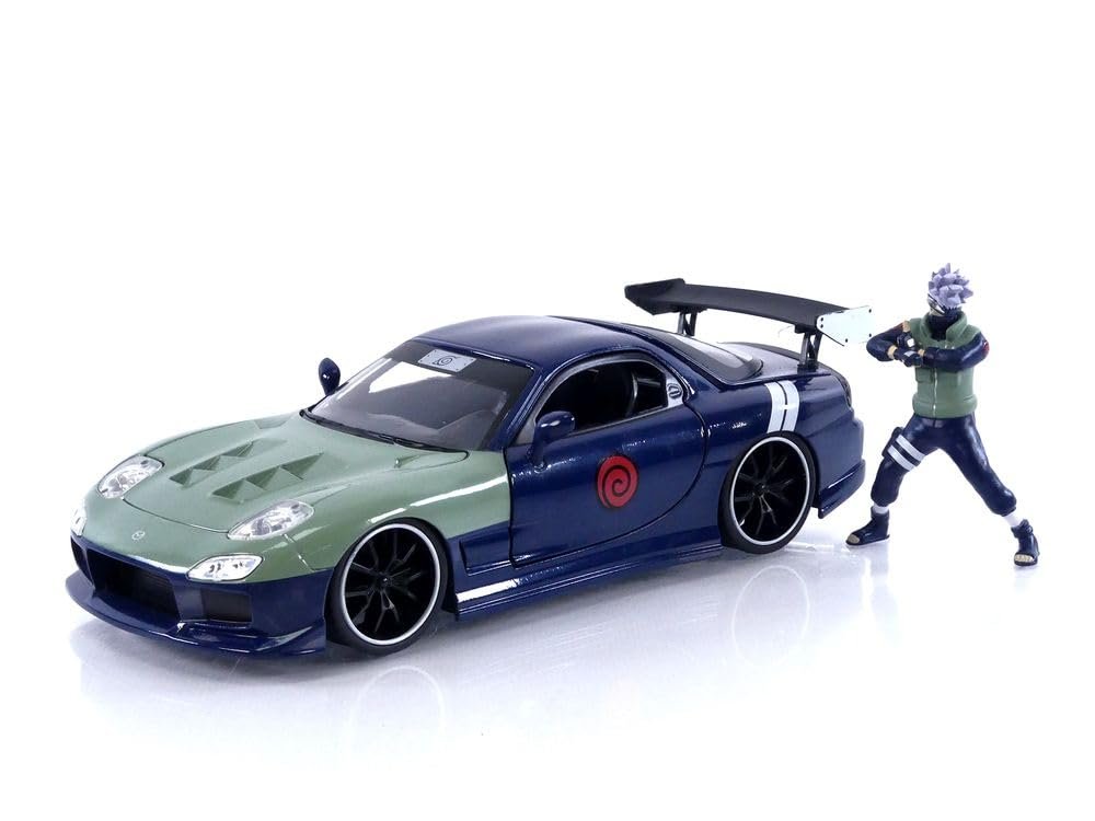 Jada Toys Naruto 1:24 1995 Mazda RX-7 Die-Cast Car & 2.75" Kakashi Hatake Figure, Blue,green