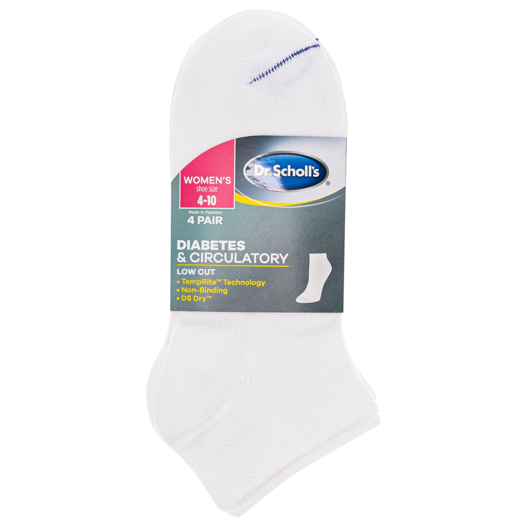 Dr. Scholl's Women's 4 Pack Diabetic & Circulatory Non-binding Low Cut Casual Sock, Solid White, Shoe Size 4-10 US