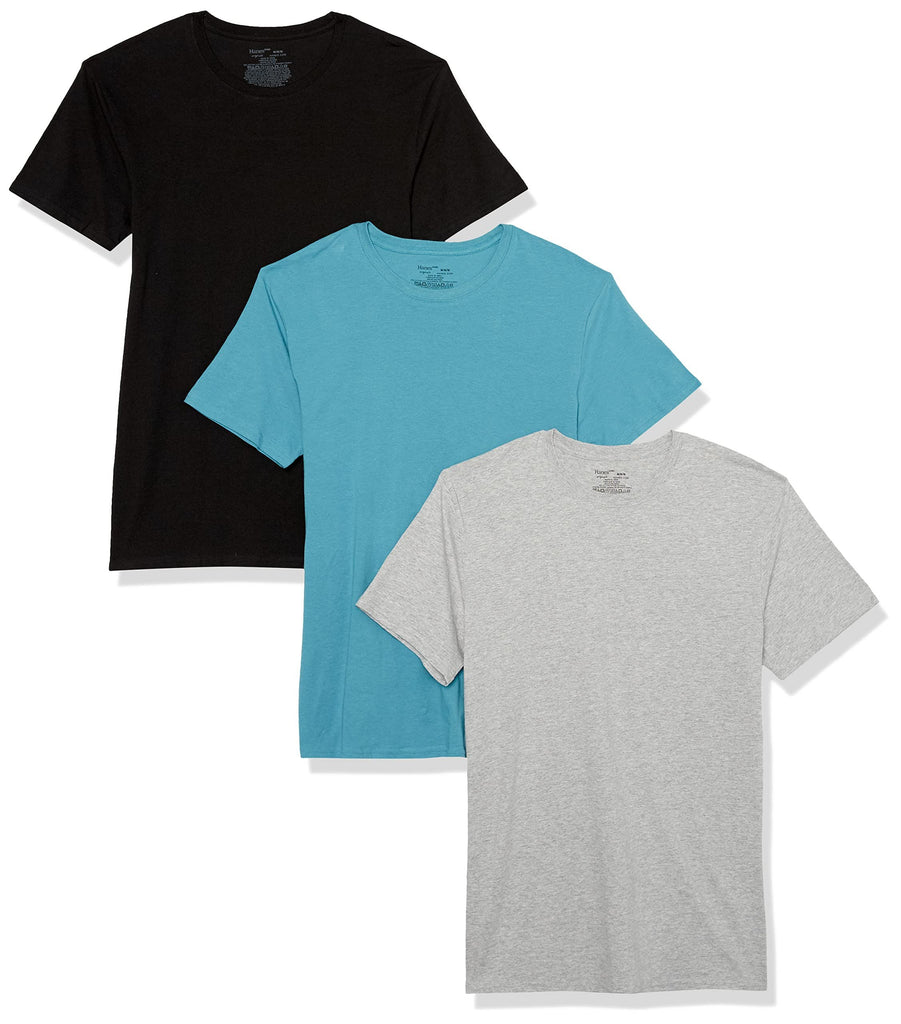 Hanes Men's Crew Undershirts, Moisture-Wicking Stretch Cotton Tee, 3-Pack, Chambray Jade, Black, Concrete Heather