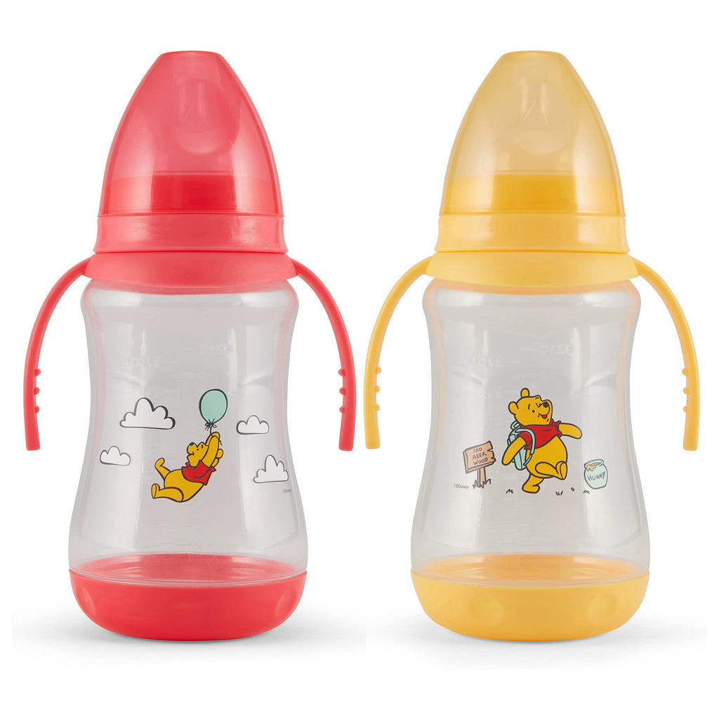 Disney 2 Pack 10 Ounce Baby Bottles with Character Prints and Colored Covers with Double Handle - BPA Free and Easy to Clean