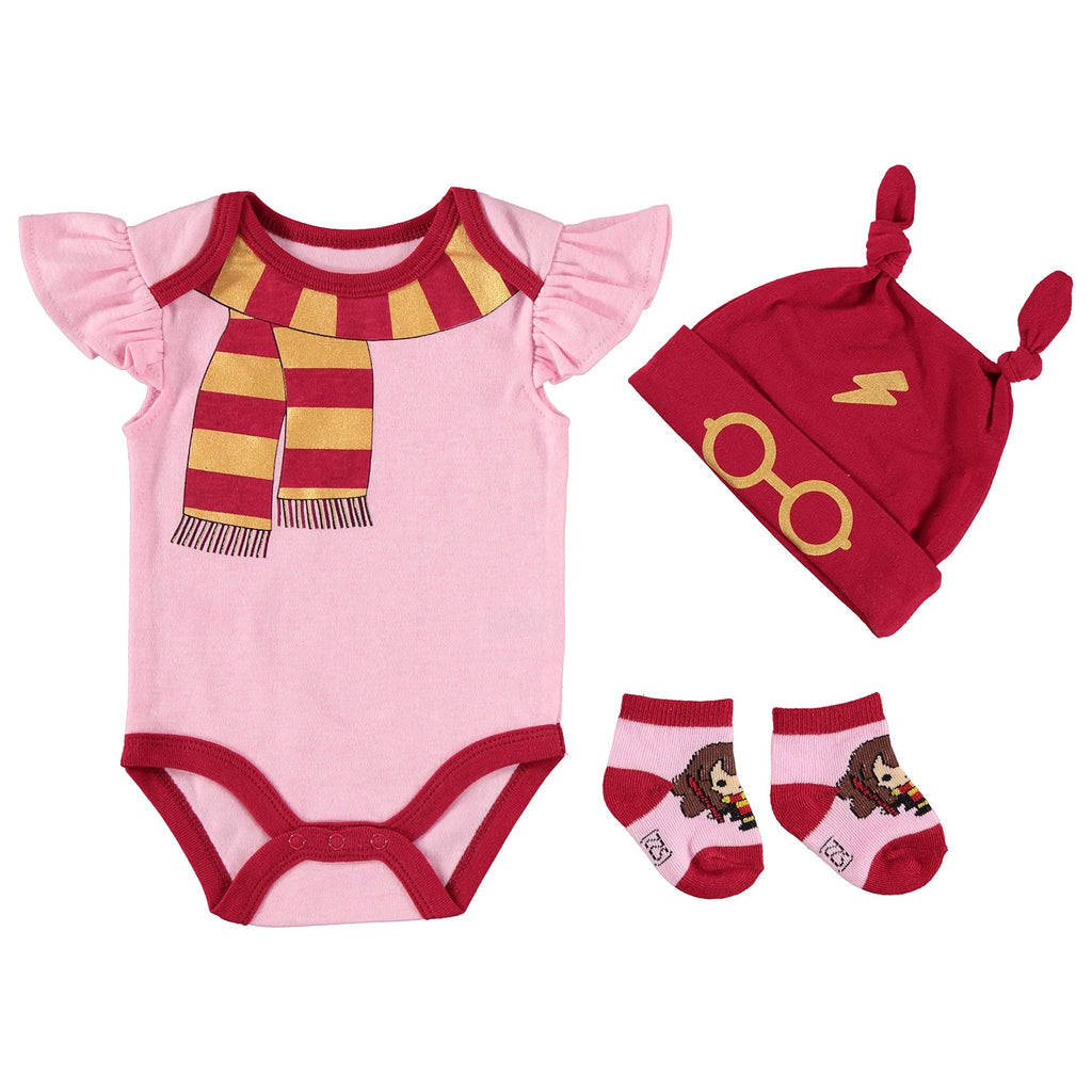 Harry Potter Baby Girls' Bodysuit, Knotted Cap & Socks Gift Set (Pink/Red/Yellow, 0-3 Months)