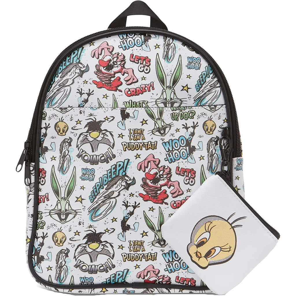 Looney Tunes All Over Print Faux Leather 10.5" Women’s White Mini Backpack Purse 2-Piece Set