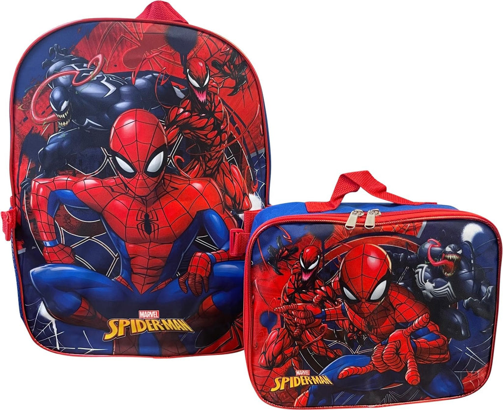 Ruz Spiderman Boy's 16 Inch Backpack With Removable Matching Lunch Box Set (Black-Red)