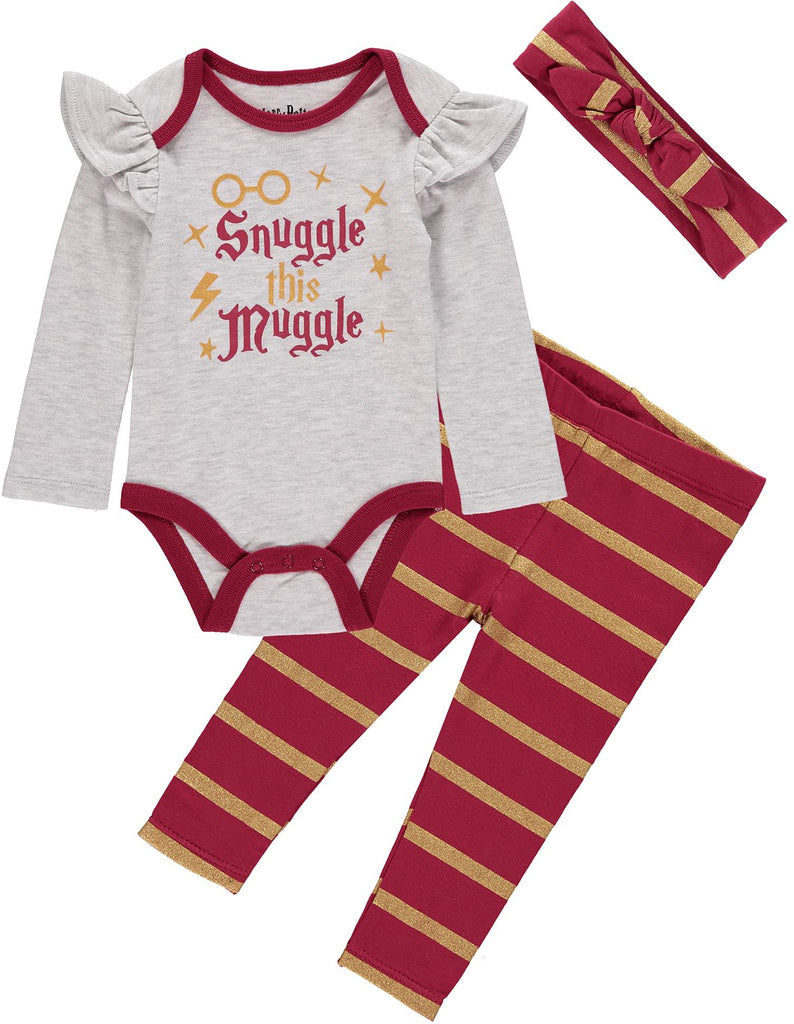 Harry Potter Baby Girls Clothing 3-Piece Set with Bodysuit, Leggings, and Headband Gifts for Babies (Grey/Red/Yellow, 0-3M)