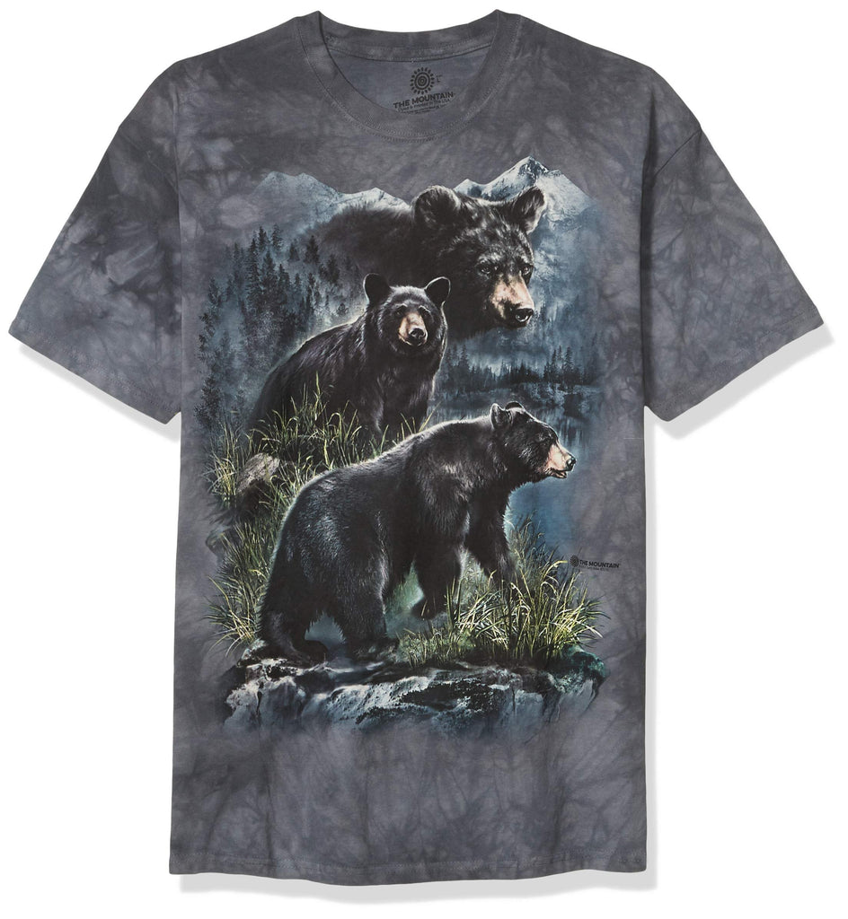 The Mountain Three Black Bears Adult T-Shirt, Blue and Gray, Medium