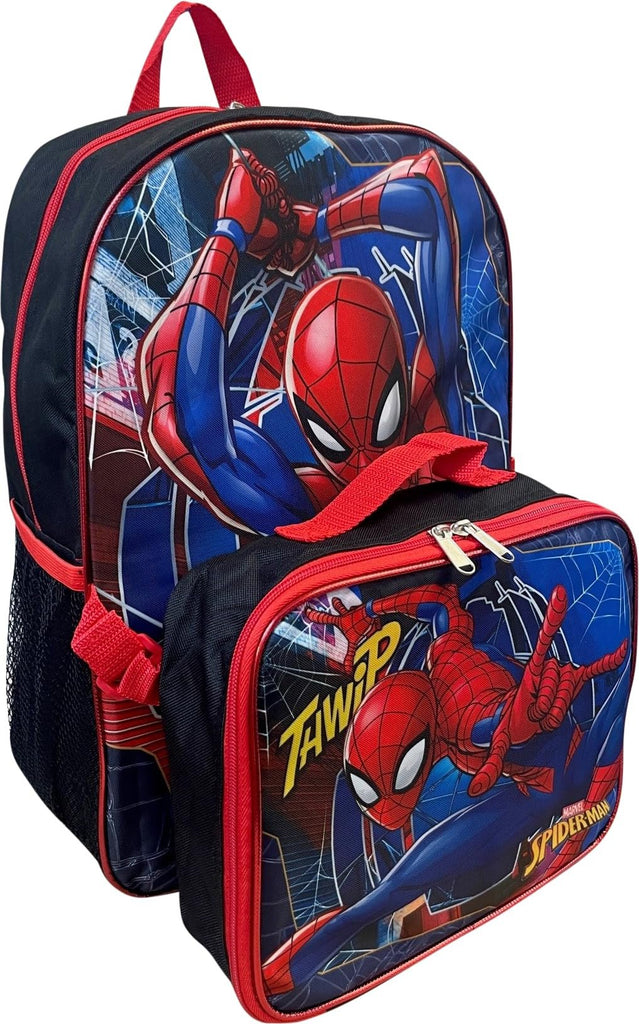 Ruz Spiderman Boy's 16 Inch Backpack With Removable Matching Lunch Box Set (Black-Red)