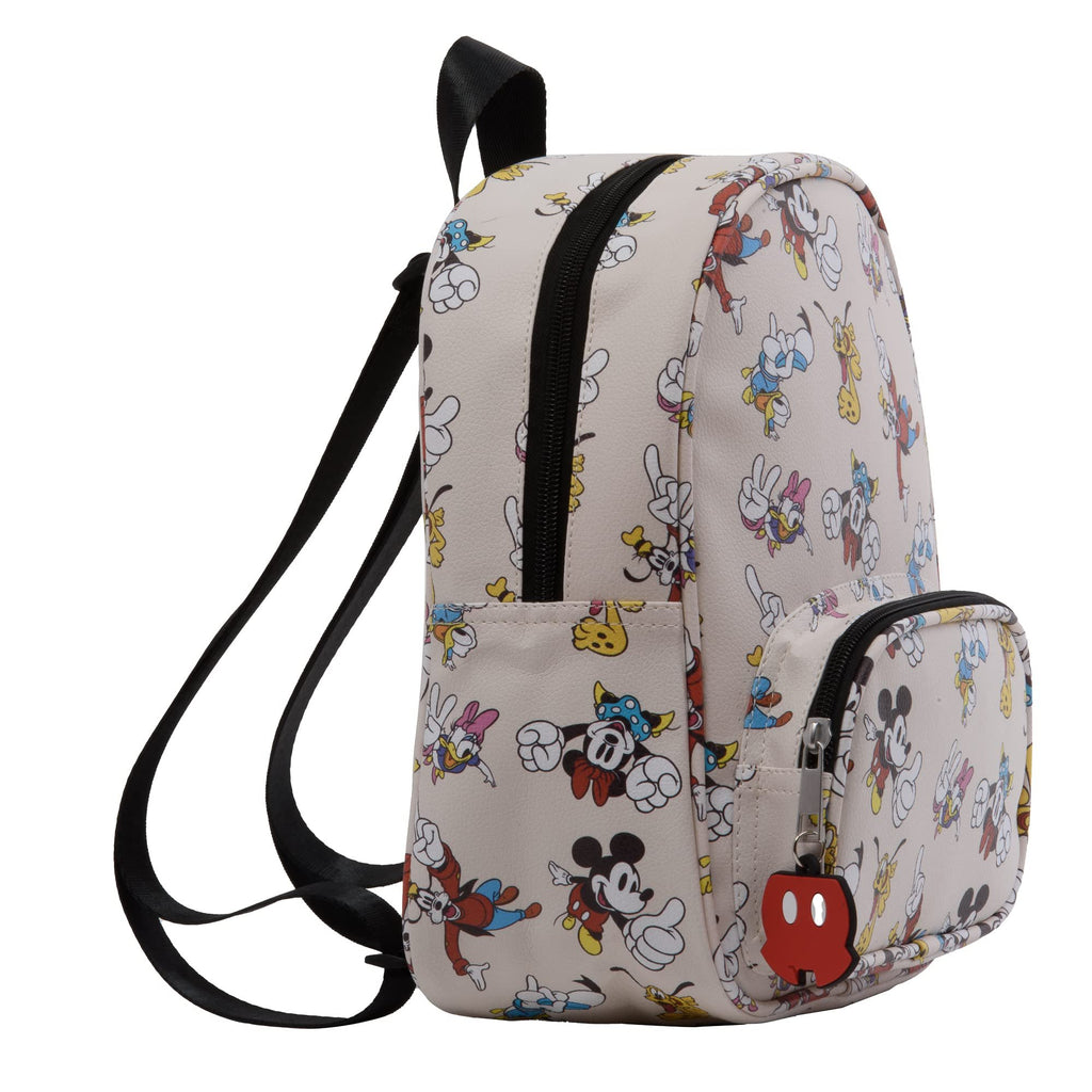 Disney Mickey, Minnie, & Friends Mini Backpack with Allover Print & Molded Iconic Mickey Pants Dangle, 10.5 Inches, Adjustable Straps, Faux Leather