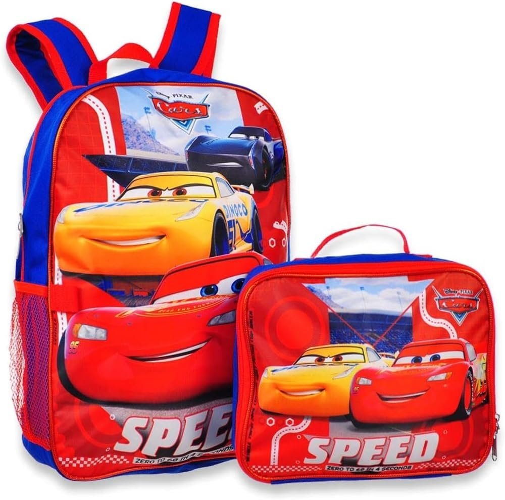 Disney Cars Kid's 16 Inch Backpack With Removable Lunch Box Set Lightning Mcqueen School