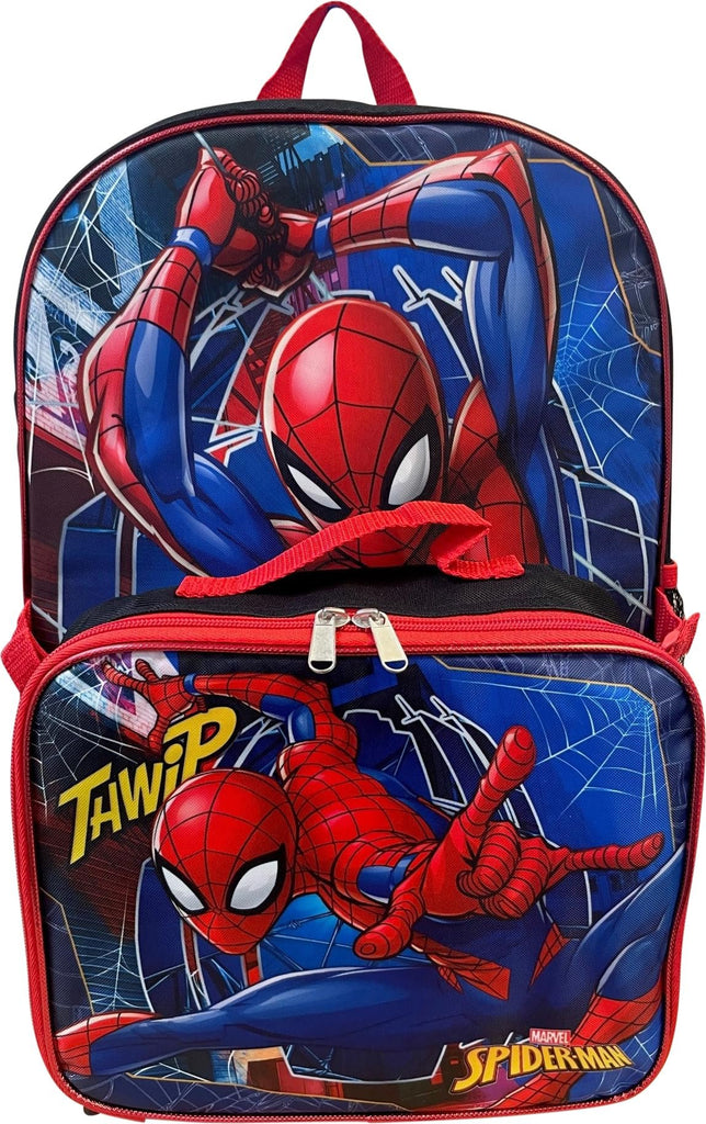 Ruz Spiderman Boy's 16 Inch Backpack With Removable Matching Lunch Box Set (Black-Red)