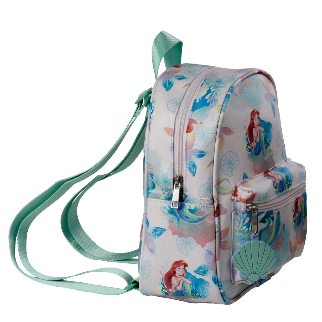 Disney Princess Mini Backpack with Allover Little Mermaid Print & Molded Shell Dangle, 10.5 Inches, Adjustable Straps, Faux Leather