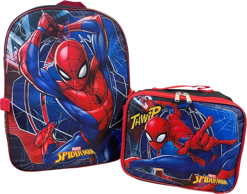 Ruz Spiderman Boy's 16 Inch Backpack With Removable Matching Lunch Box Set (Black-Red)