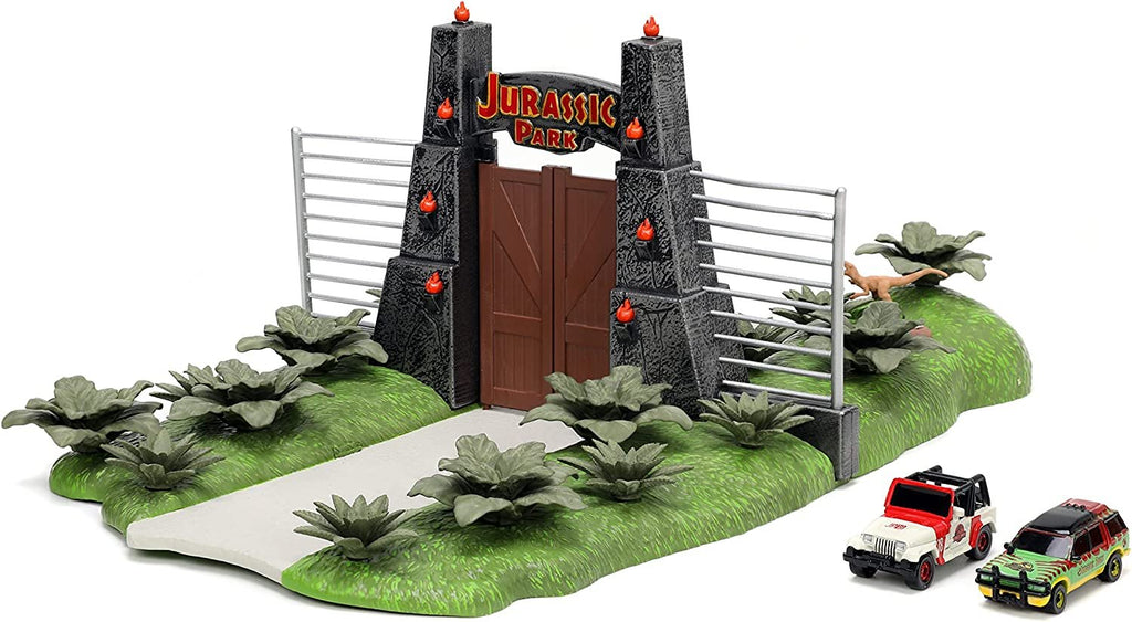 Jurassic Park 30th Anniversary Jurassic Gate Nano Scene Diorama w/ Two 1.65" Die-Cast Cars, Toys for Kids and Adults