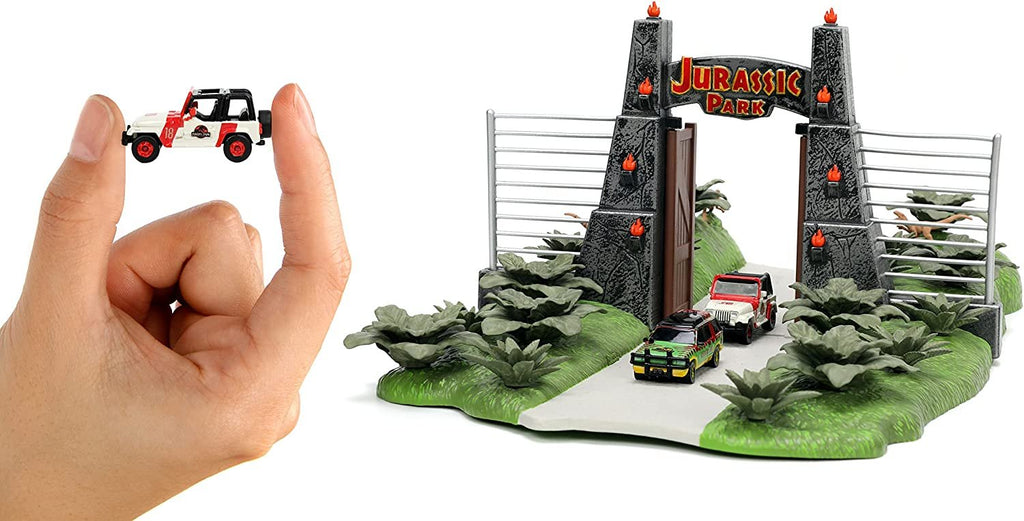 Jurassic Park 30th Anniversary Jurassic Gate Nano Scene Diorama w/ Two 1.65" Die-Cast Cars, Toys for Kids and Adults